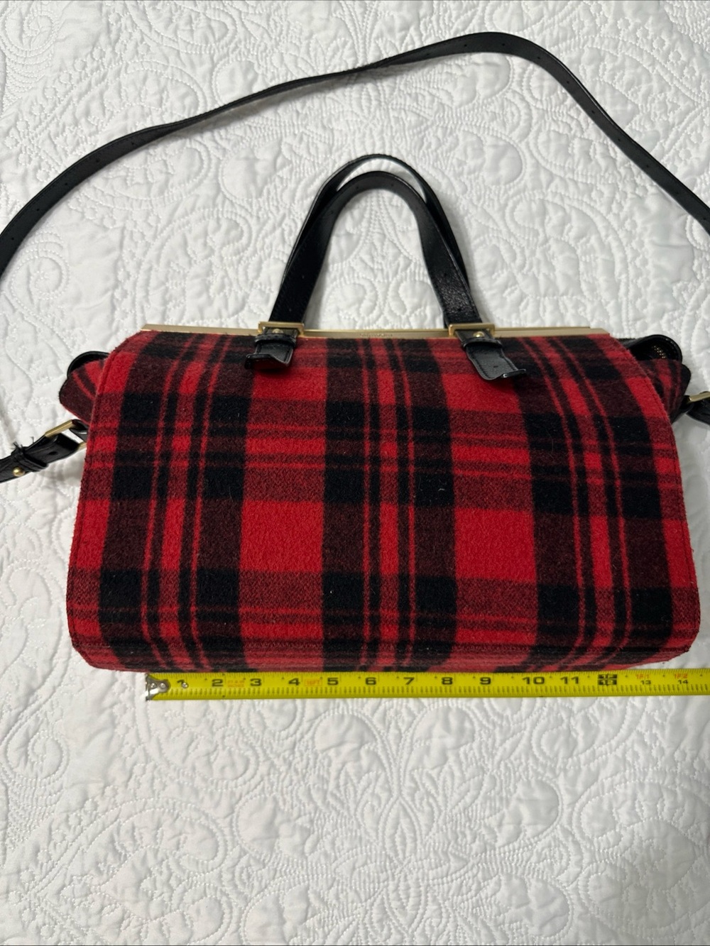 Kate Spade Saturday Red Plaid Wool Satchel Handbag with Black Trim